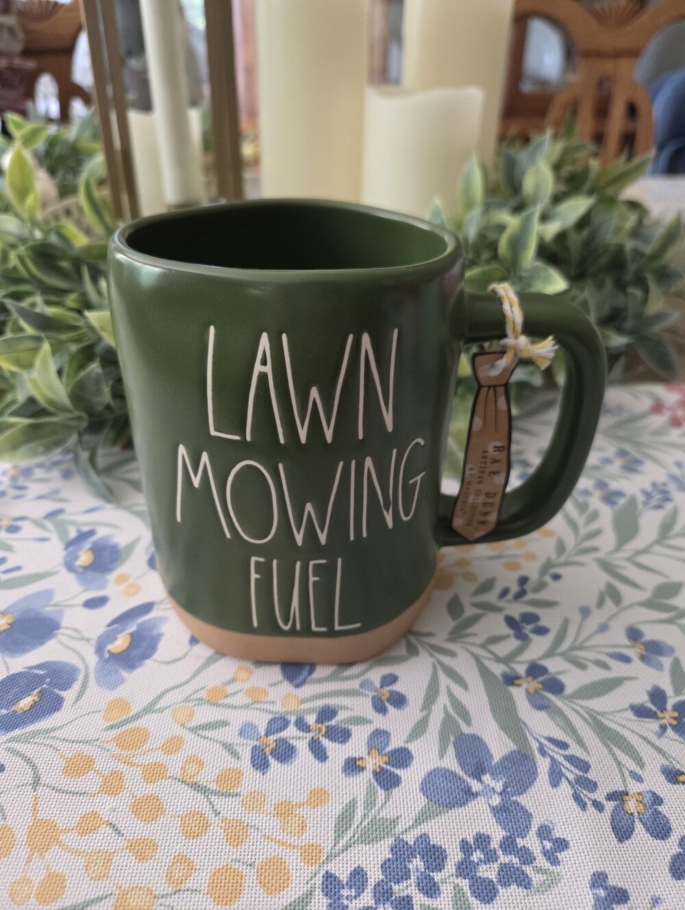 Rae Dunn Green 'Lawn Mowing Fuel' Ceramic Mug with Tan Base